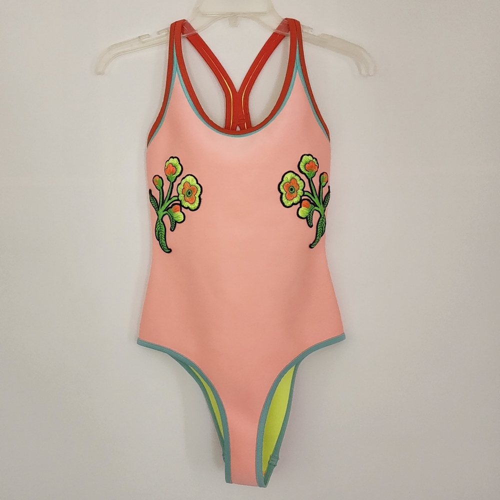 TRIANGL size small peach pink and neon embroidered bathing suit